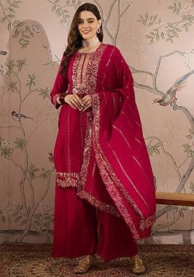 Dark Pink Embroidered Vichitra Silk Kurta Set