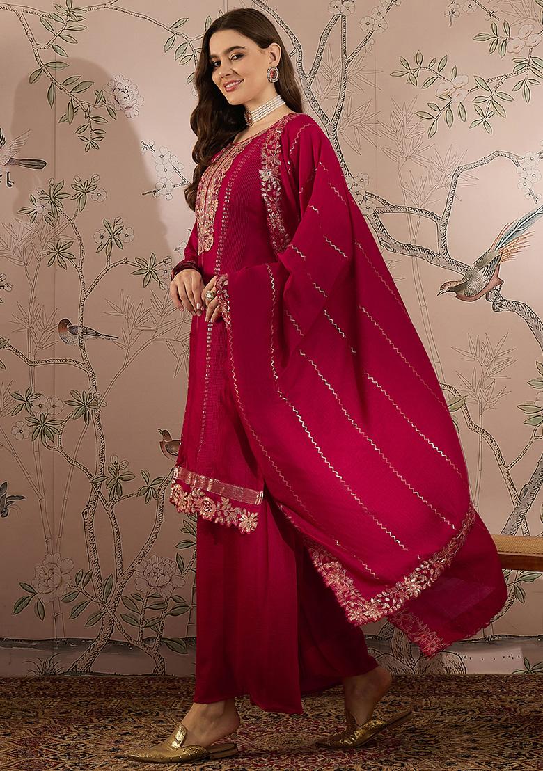 Dark Pink Embroidered Vichitra Silk Kurta Set