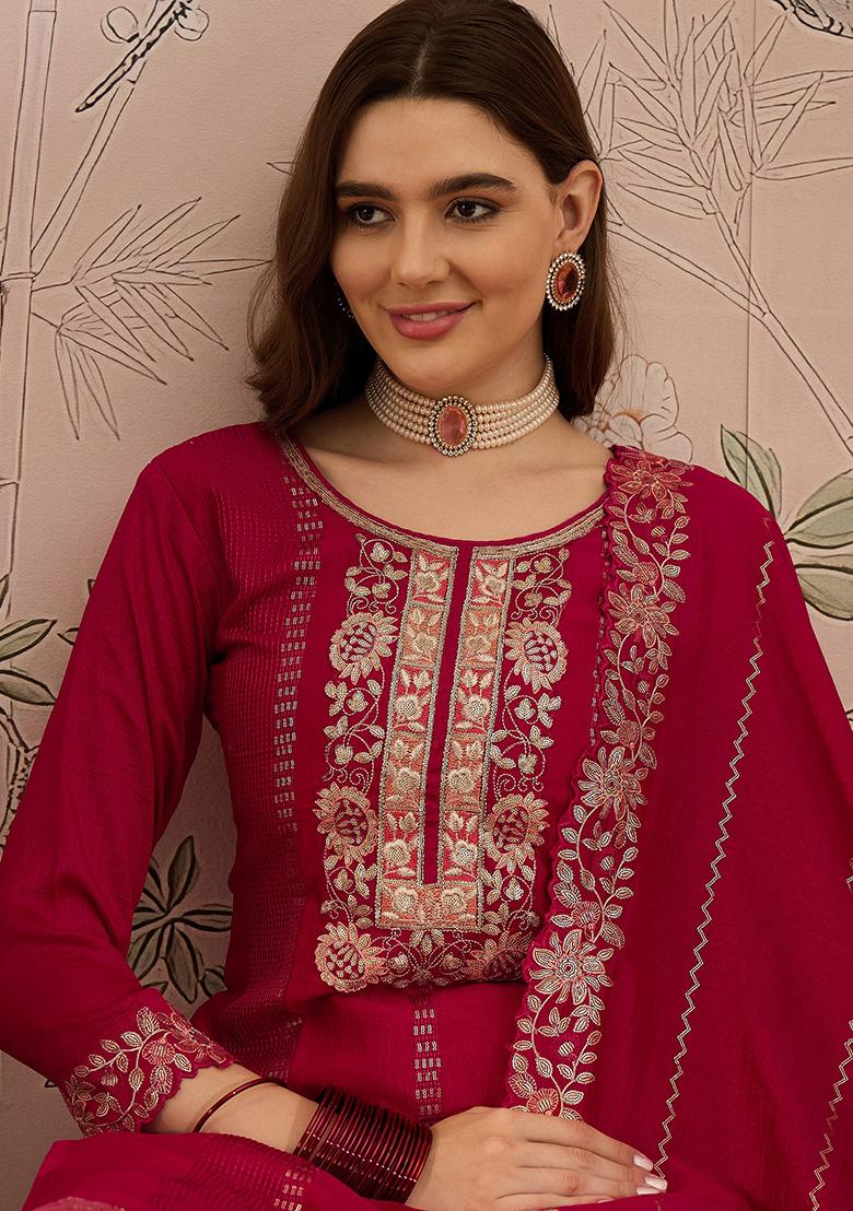 Dark Pink Embroidered Vichitra Silk Kurta Set