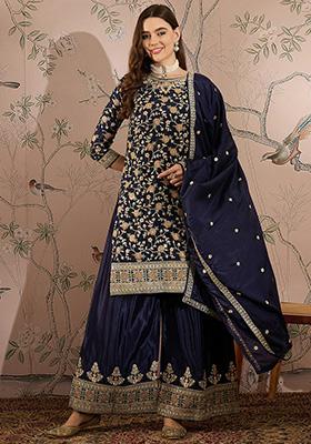 Blue Embroidered Chinon Kurta Set