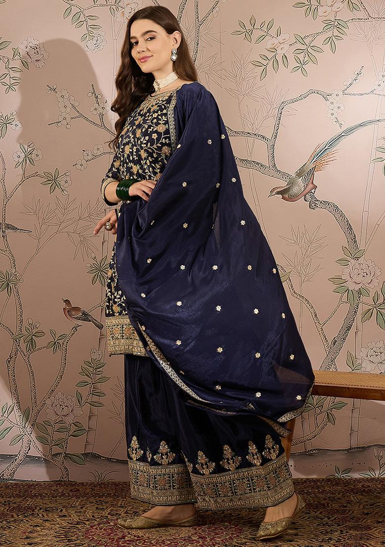 Blue Embroidered Chinon Kurta Set