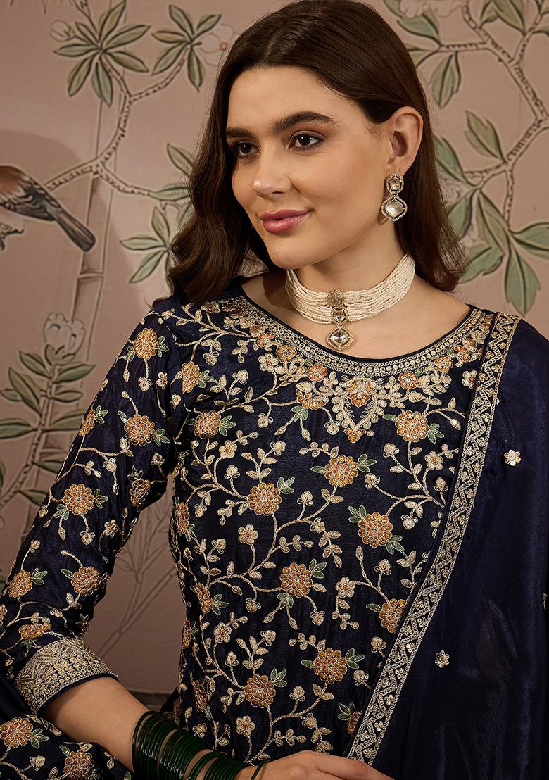 Blue Embroidered Chinon Kurta Set