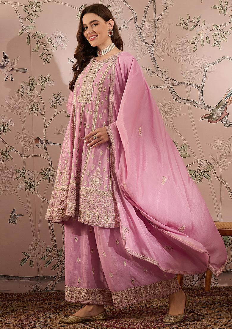 Light Pink Embroidered Chinon Kurta Set
