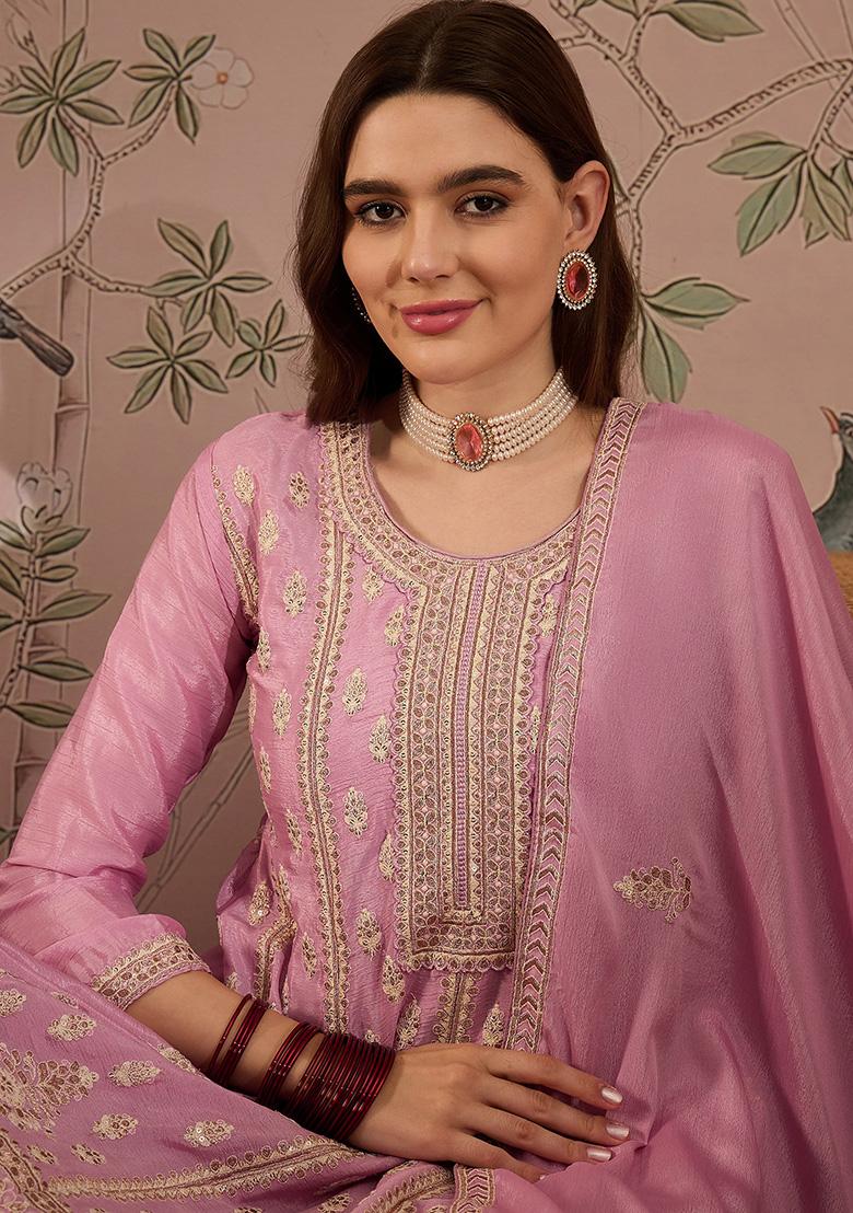 Light Pink Embroidered Chinon Kurta Set