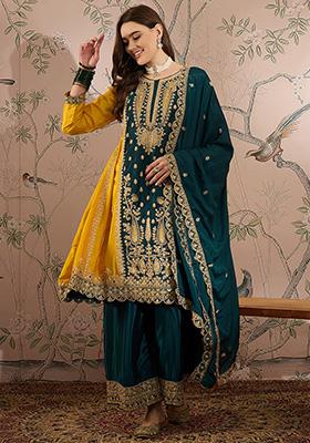 Yellow Embroidered Chinon Kurta Set