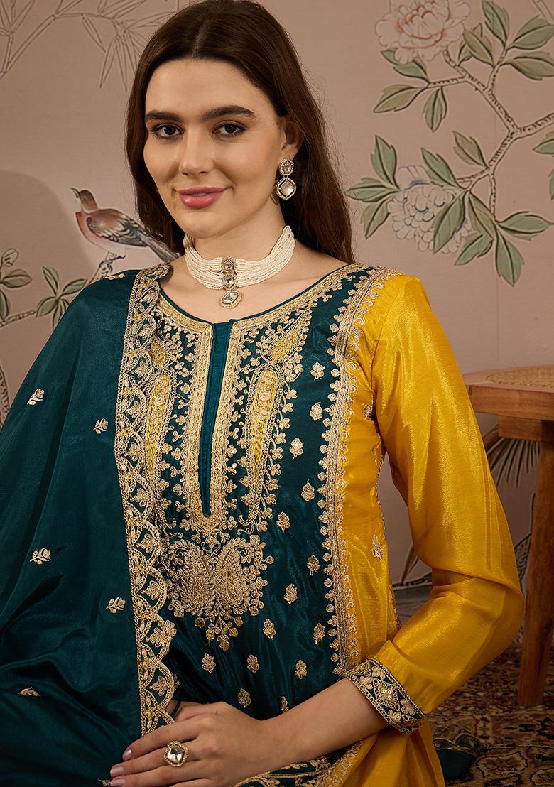 Yellow Embroidered Chinon Kurta Set