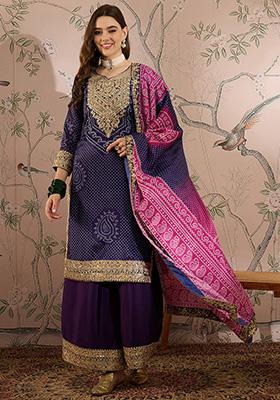 Purple Embroidered Chinon Kurta Set