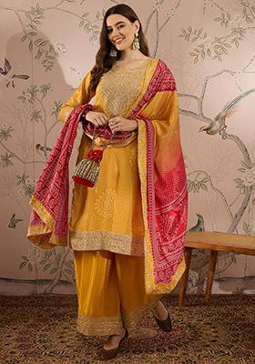 Yellow Embroidered Chinon Kurta Set