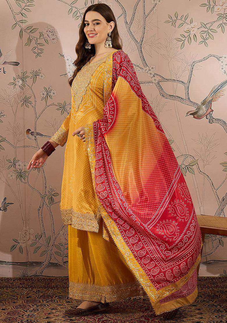 Yellow Embroidered Chinon Kurta Set