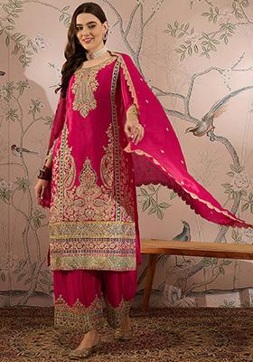 Pink Embroidered Chinon Kurta Set