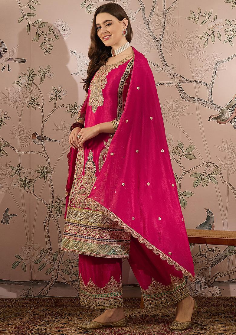 Pink Embroidered Chinon Kurta Set