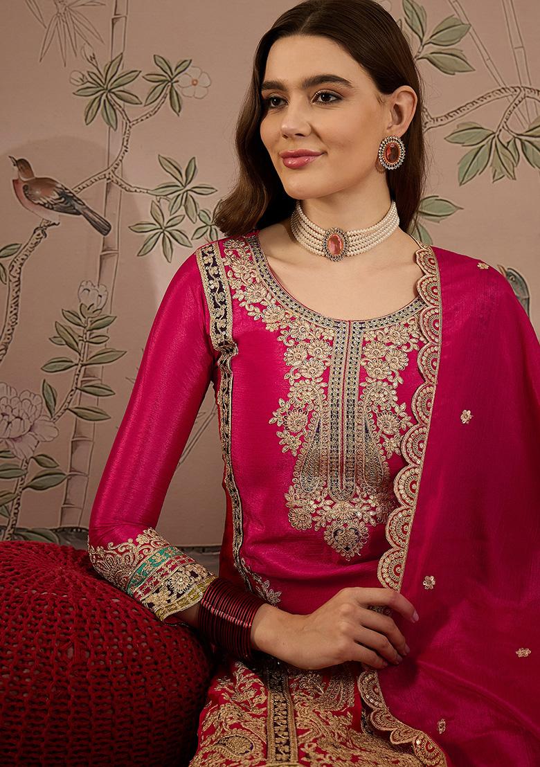 Pink Embroidered Chinon Kurta Set