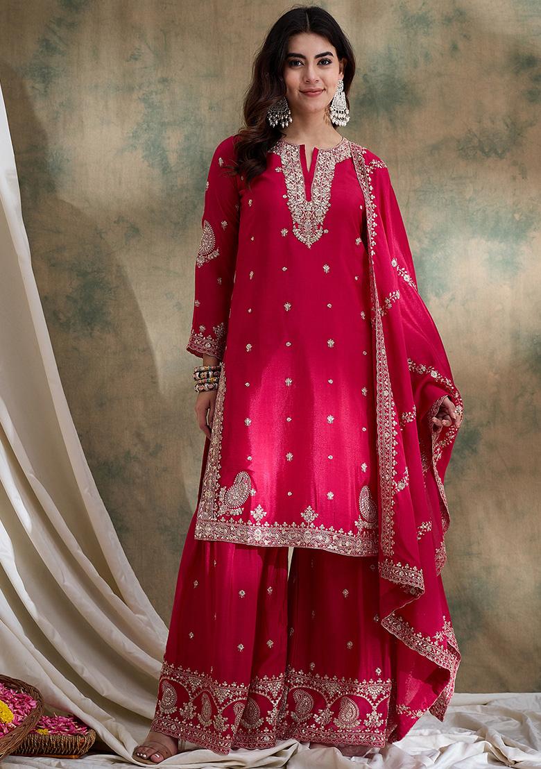 Pink Embroidered Chinon Sharara Set