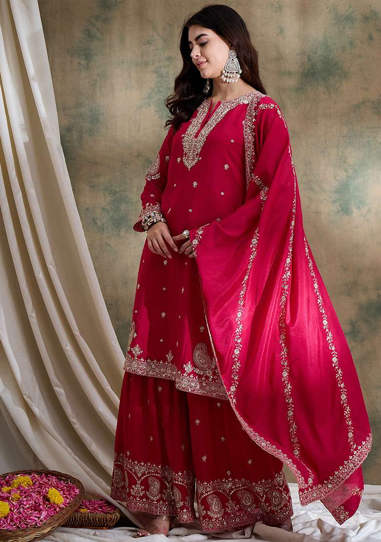 Pink Embroidered Chinon Sharara Set - Indya