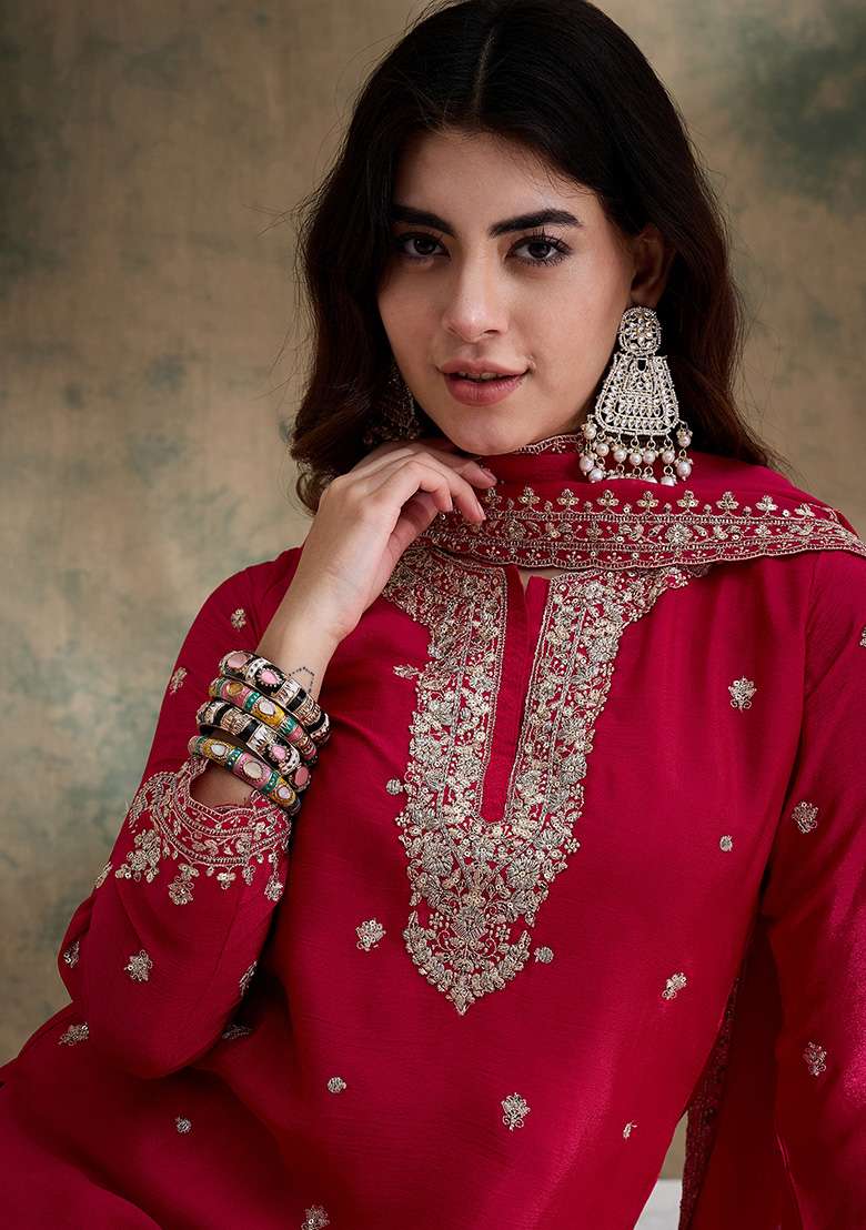 Pink Embroidered Chinon Sharara Set - Indya