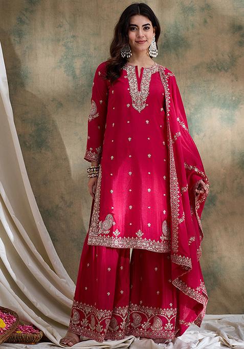 Pink Embroidered Chinon Sharara Set