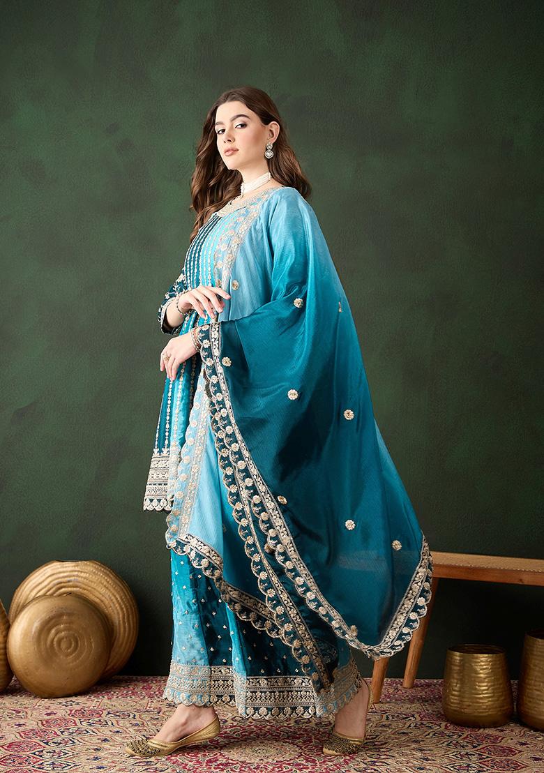 Blue Embroidered Chinon Sharara Set