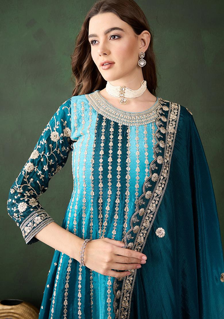 Blue Embroidered Chinon Sharara Set