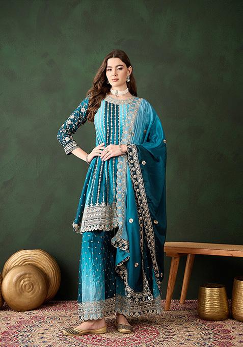 Blue Embroidered Chinon Sharara Set