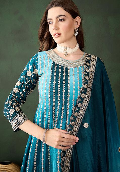 Shirt, Jacket & Sharara Three-Piece Set – Teal & Gold