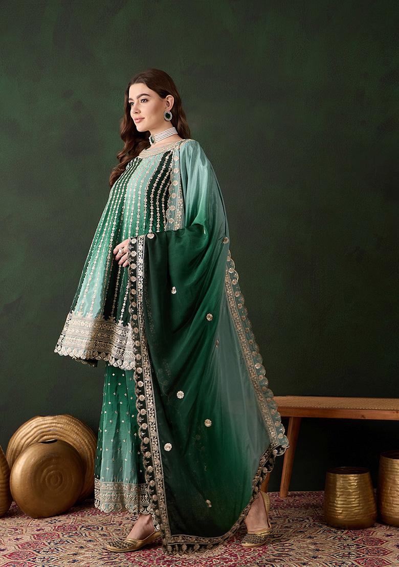 Green Embroidered Chinon Sharara Set