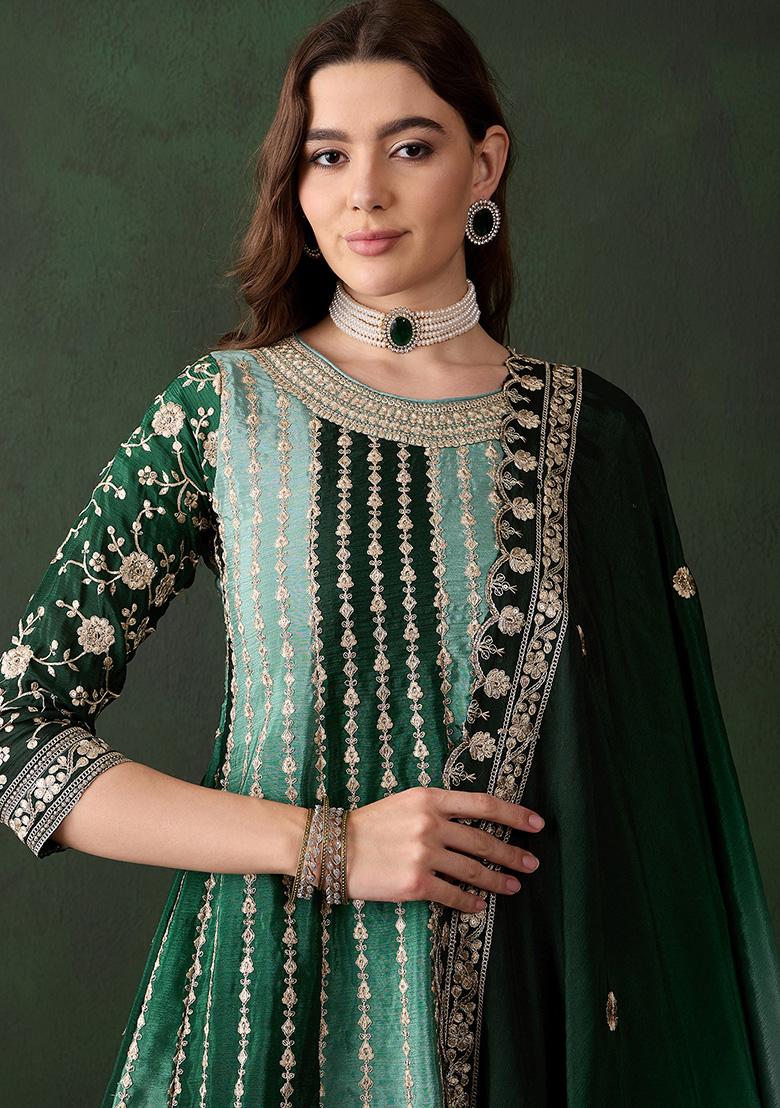 Green Embroidered Chinon Sharara Set