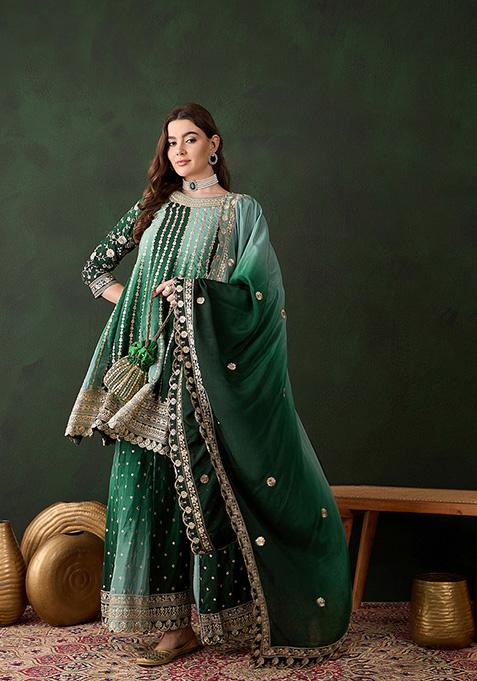 Green Embroidered Chinon Sharara Set