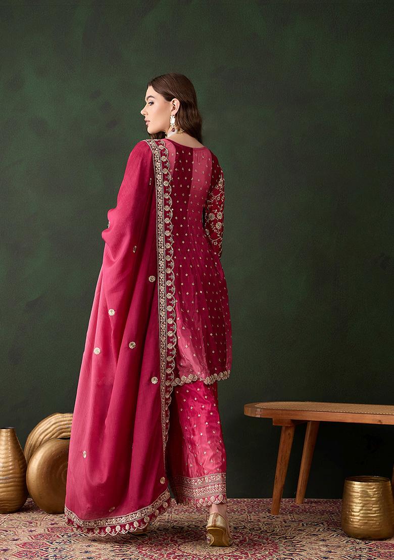Pink Embroidered Chinon Sharara Set