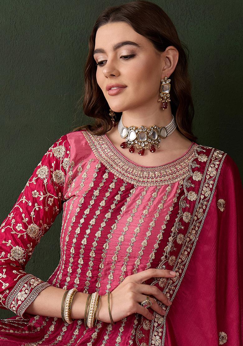 Pink Embroidered Chinon Sharara Set