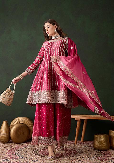 Pink Embroidered Chinon Sharara Set