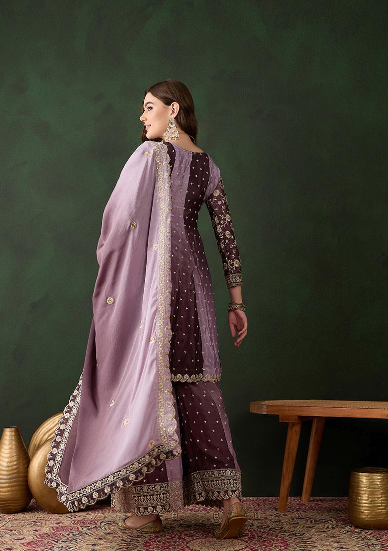 Purple Embroidered Chinon Sharara Set
