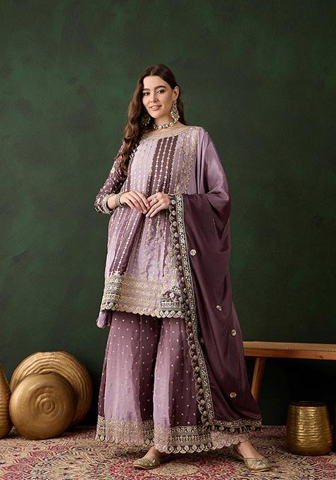 Purple Embroidered Chinon Sharara Set