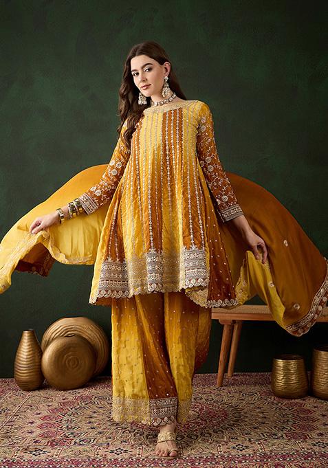 Yellow Embroidered Chinon Sharara Set