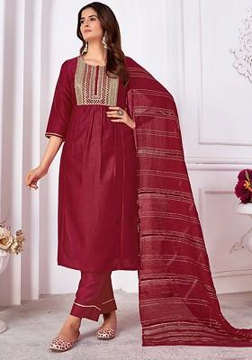 Maroon Embroidered Silk Kurta Set
