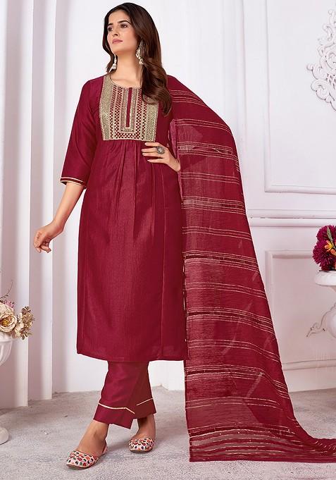 Maroon Embroidered Silk Kurta Set