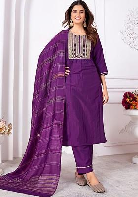 Purple Embroidered Silk Kurta Set