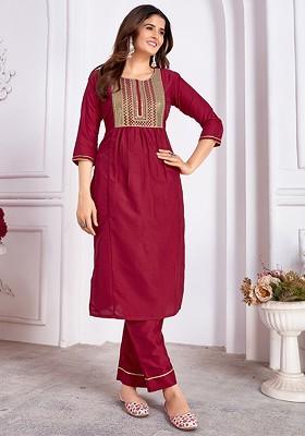 Burgundy Embroidered Silk Kurta Set