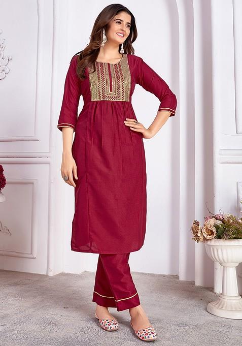 Burgundy Embroidered Silk Kurta Set