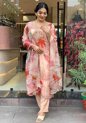 Peach Printed Organza Kurta Set