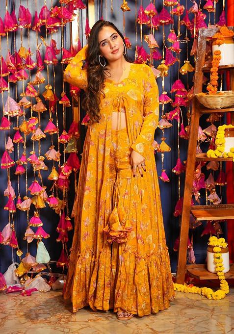 Yellow Printed Art Silk Sharara Set