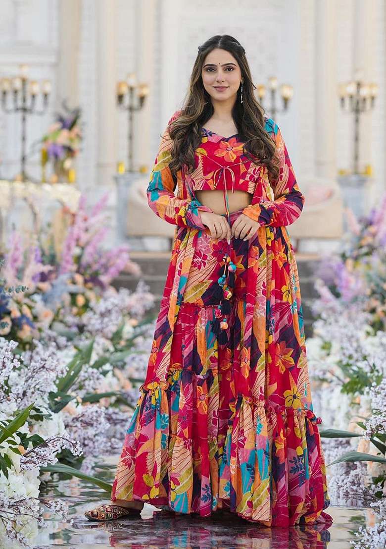 Multicolor Floral Print Silk Sharara Set - Indya