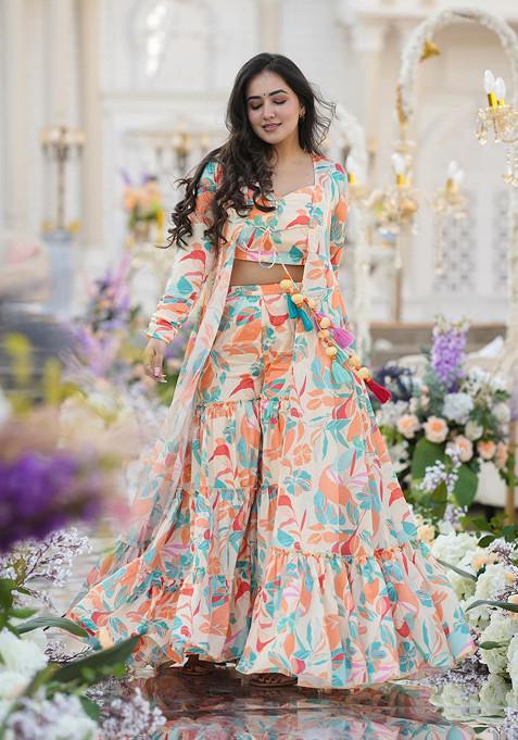 White Printed Art Silk Sharara Set