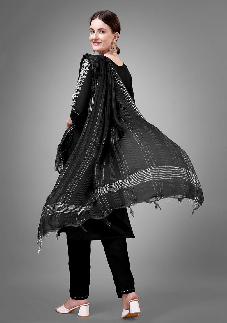 Black Embroidered Cotton Kurta Set