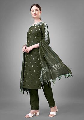 Dark Green Embroidered Cotton Kurta Set