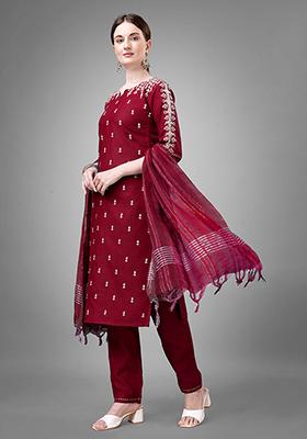 Maroon Embroidered Cotton Kurta Set