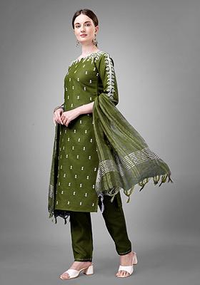 Green Embroidered Cotton Kurta Set