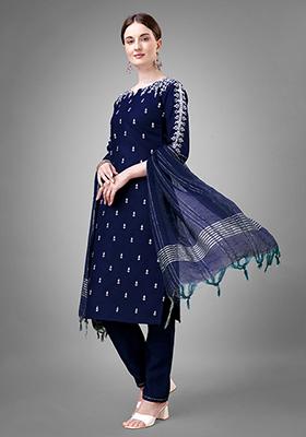Navy Blue Embroidered Cotton Kurta Set