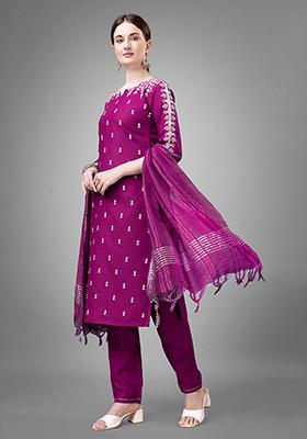 Purple Embroidered Cotton Kurta Set