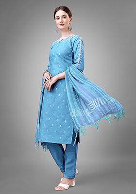 Sky Blue Embroidered Cotton Kurta Set