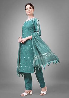 Teal Blue Embroidered Cotton Kurta Set